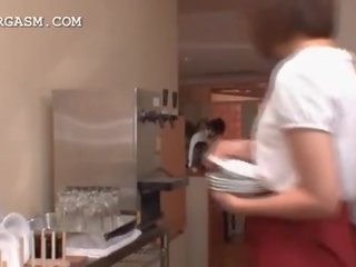 Asian waitress gets tits grabbed by her boss at work